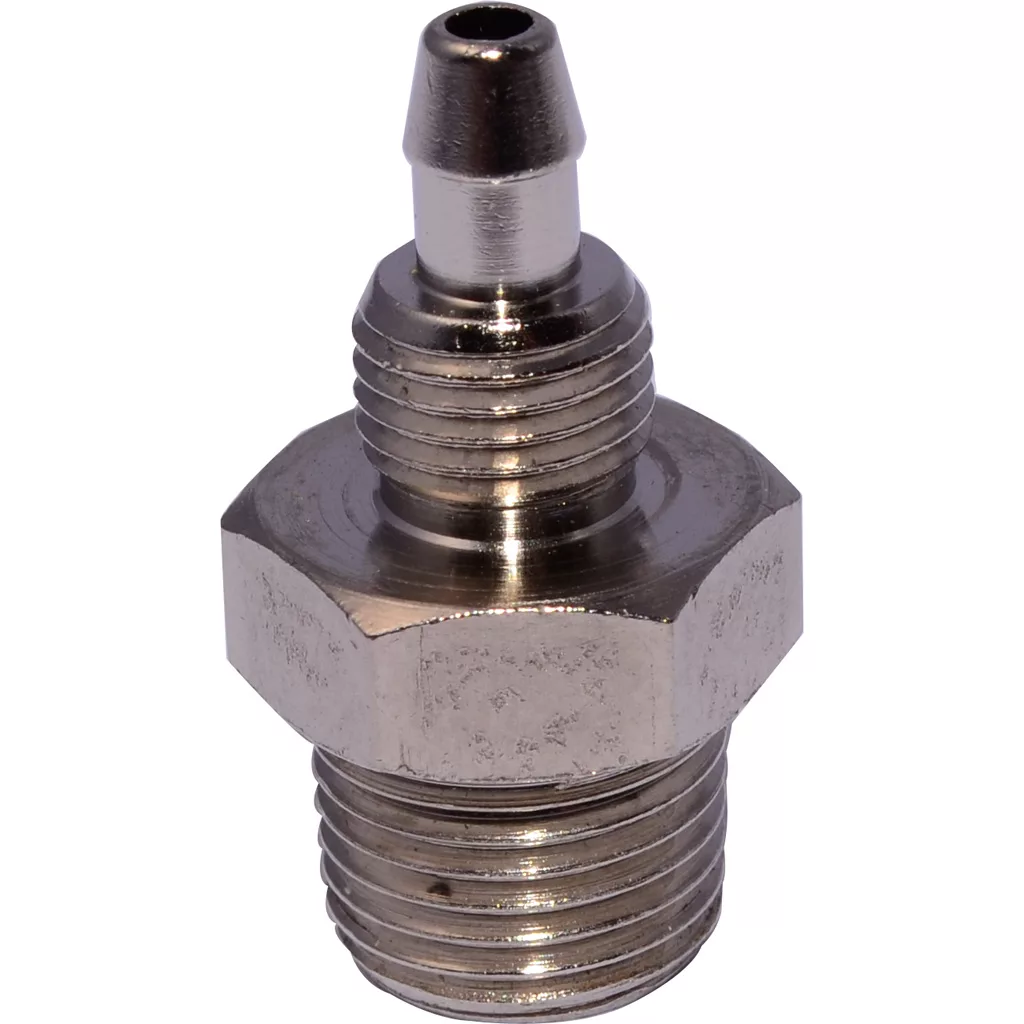 A close-up of the Pasquini T-2 Livietta Press Union Fitting, a metallic part with a hexagonal nut center, threaded ends, and a small top nozzle, shown isolated on a white background. © 2025 1st-line.com