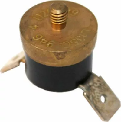 A close-up of the Rancilio 34200075 Thermostat - Steam 135 degree - Screw in, highlighting its round metal and plastic body, two flat terminals, top threaded post, and engraved codes on the brass surface. © 2025 1st-line.com