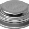 A close-up of the Rancilio 40100008 58mm 1-Cup Pod Filter Basket featuring a metal, round design with a flat base and small center perforations for water to filter through coffee grounds. © 2025 1st-line.com