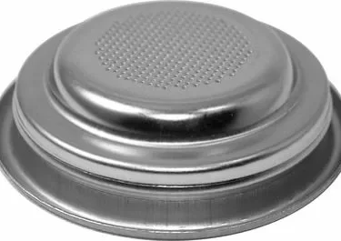 A close-up of the Rancilio 40100008 58mm 1-Cup Pod Filter Basket featuring a metal, round design with a flat base and small center perforations for water to filter through coffee grounds. © 2025 1st-line.com