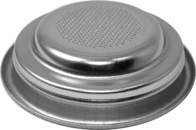 A close-up of the Rancilio 40100008 58mm 1-Cup Pod Filter Basket featuring a metal, round design with a flat base and small center perforations for water to filter through coffee grounds. © 2025 1st-line.com