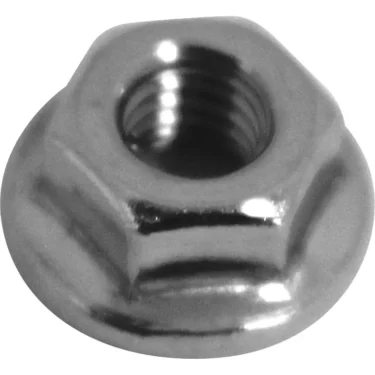A close-up of the SPM Nut for Nina hex flange nut highlights its shiny metallic finish, internal threading for fastening, and a flange base for extra grip and increased surface area. © 2025 1st-line.com