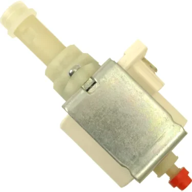 A close-up of the Ulka 02969014 Vibration Pump Model 110V for Elektra Microcasa Semiautomatica, featuring a metal casing, white plastic parts, and a red tip at the end, shown against a plain white background. © 2025 1st-line.com