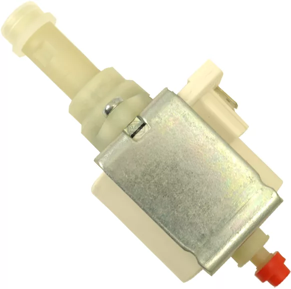 A close-up of the Ulka 02969014 Vibration Pump Model 110V for Elektra Microcasa Semiautomatica, featuring a metal casing, white plastic parts, and a red tip at the end, shown against a plain white background. © 2025 1st-line.com