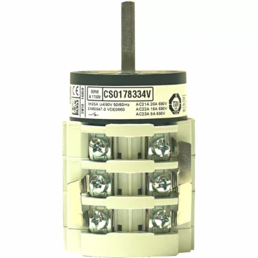 A close-up of the VBM ELETCOM Power Switch- 3 Position - LONGER VERSION featuring a metal shaft, six screw terminals, and a label with model number CS0178334V, electrical ratings, and certification marks. © 2025 1st-line.com