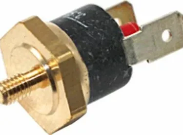 A close-up of the VBM ELETGLDOMMAN 150°C+ Safety Thermostat, featuring a brass and black metal design with a threaded shaft and two flat electrical terminals. © 2025 1st-line.com