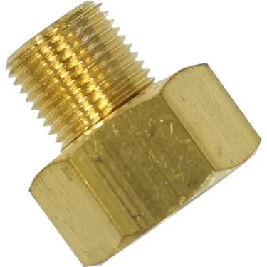 A close-up of the VBM PORTBULTERRID Thermostat Bulb Holder Fitting, featuring a brass hex adapter with external threading and a hexagonal body for easy wrench tightening. © 2025 1st-line.com