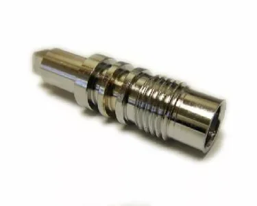 A close-up of the VBM RACCASRUDOSU Steam / Hot Water Valve Rod—a shiny, metallic, cylindrical part with grooves and a hexagonal section—placed on a white background. © 2025 1st-line.com