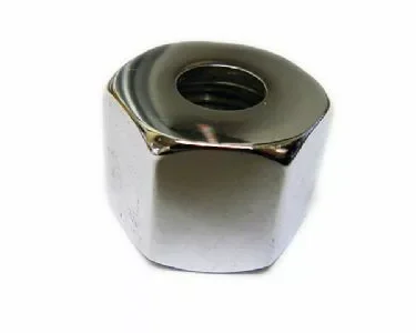 A close-up of the VBM RACCPRGOCR Steam / Water Valve Fitting, featuring a shiny, metallic hexagonal nut with a threaded center hole, displayed on a white background. © 2025 1st-line.com