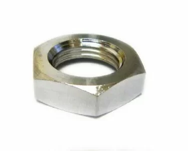 A close-up photo of the VBM TUBIP202CR Steam Valve Nut, a shiny hexagonal metal part with internal threading, placed on a white background. © 2025 1st-line.com