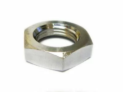 A close-up photo of the VBM TUBIP202CR Steam Valve Nut, a shiny hexagonal metal part with internal threading, placed on a white background. © 2025 1st-line.com