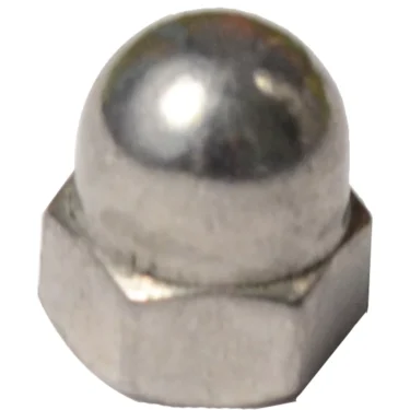 A close-up view of the ECM P6000.6 Steam/Hot Water Knob Nut M5, a shiny metallic hexagonal cap nut with a domed top and threaded base, isolated on a white background. © 2025 1st-line.com