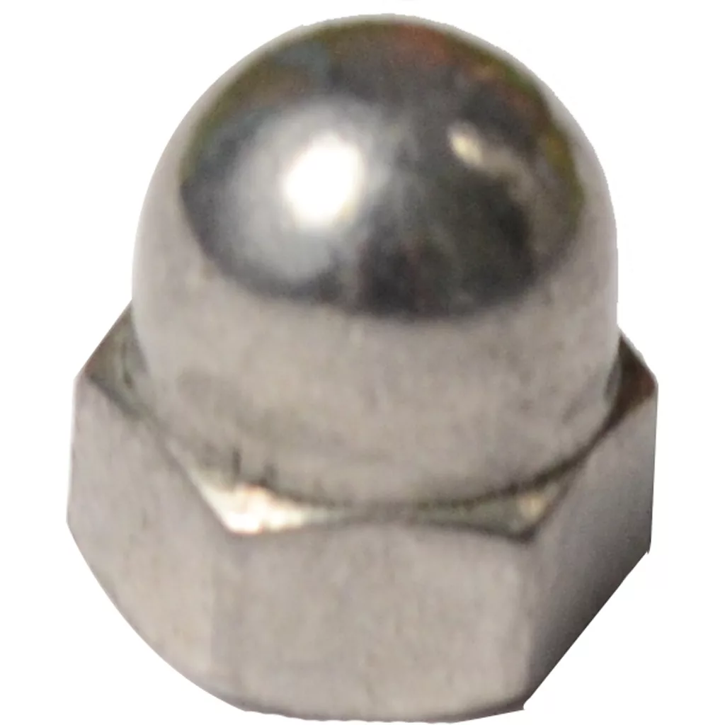 A close-up view of the ECM P6000.6 Steam/Hot Water Knob Nut M5, a shiny metallic hexagonal cap nut with a domed top and threaded base, isolated on a white background. © 2025 1st-line.com