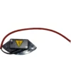 A compact Quamar Microswitch - T48 features a metal base, black box with a yellow high-voltage warning symbol, and red and black wires attached, shown on a white background. © 2025 1st-line.com