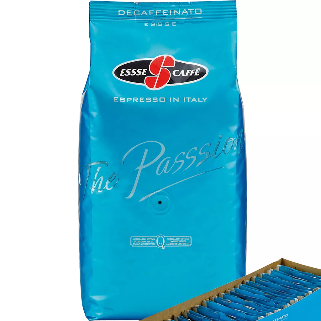 A discontinued 2.2 lb blue bag of Essse Caffe Bar Decaffeinato Roasted Coffee Beans, with white and red branding, sits next to a box of individually wrapped pods. © 2025 1st-line.com