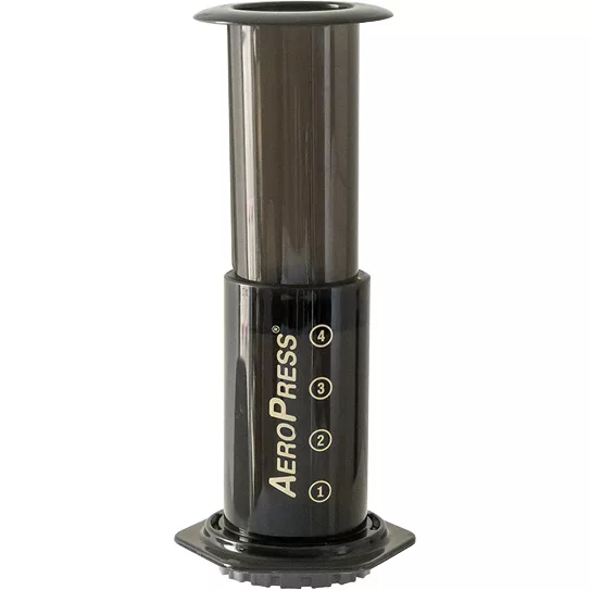 A DISCONTINUED Aerobie Aeropress Coffee Maker with numbered markings and the AeroPress logo in white stands upright on a white background. © 2025 1st-line.com