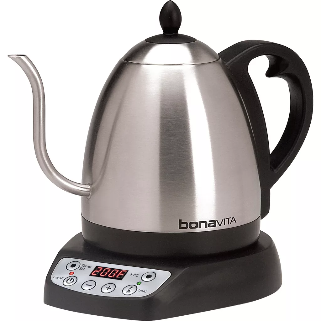 A DISCONTINUED Bonavita Variable Temperature Gooseneck Electric Water Kettle - 1L sits on its digital base, featuring control buttons and an LED temperature display. © 2025 1st-line.com
