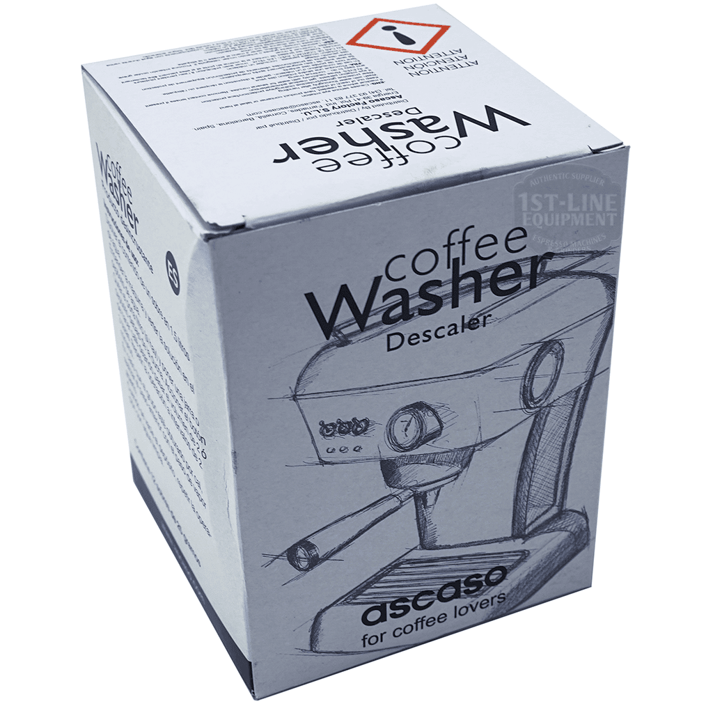 A discontinued box of Ascaso Coffee Washer Descaler - 12 packets, labeled for coffee lovers with a sketched espresso machine, plus warnings and product details on the sides. © 2025 1st-line.com