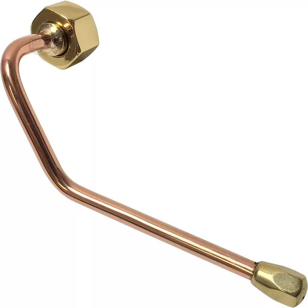 A DISCONTINUED Elektra 00151038 Copper Steam Wand Assembly, featuring a copper valve with two brass fittings—one on each end—and bent at an angle for HVAC applications, displayed against a white background. © 2025 1st-line.com