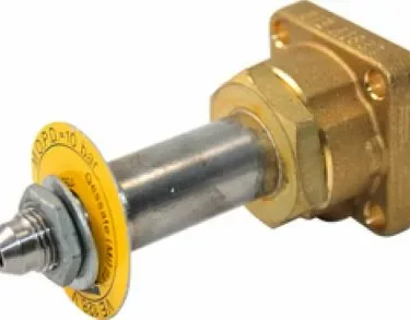 A discontinued Faema F..969 Ruby Pin and Base Parker valve assembly featuring a square base, cylindrical shaft, yellow washer—suitable for gas or fluid connections and compatible with Pin and Base Parker fittings. © 2025 1st-line.com