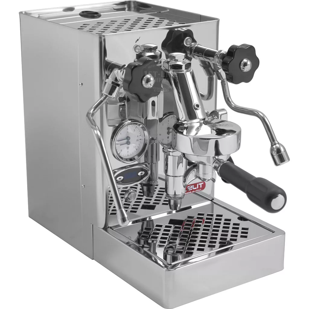 A DISCONTINUED Lelit PL62T Mara Espresso Machine with PID display, multiple knobs, pressure gauge, and portafilter handle stands on a perforated drip tray. © 2025 1st-line.com