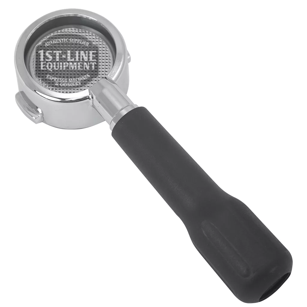 A DISCONTINUED Lelit PLA570S 57mm Bottomless Portafilter with a black handle is shown on a white background, with 1st-Line Equipment and other small text visible on the filter basket. © 2025 1st-line.com