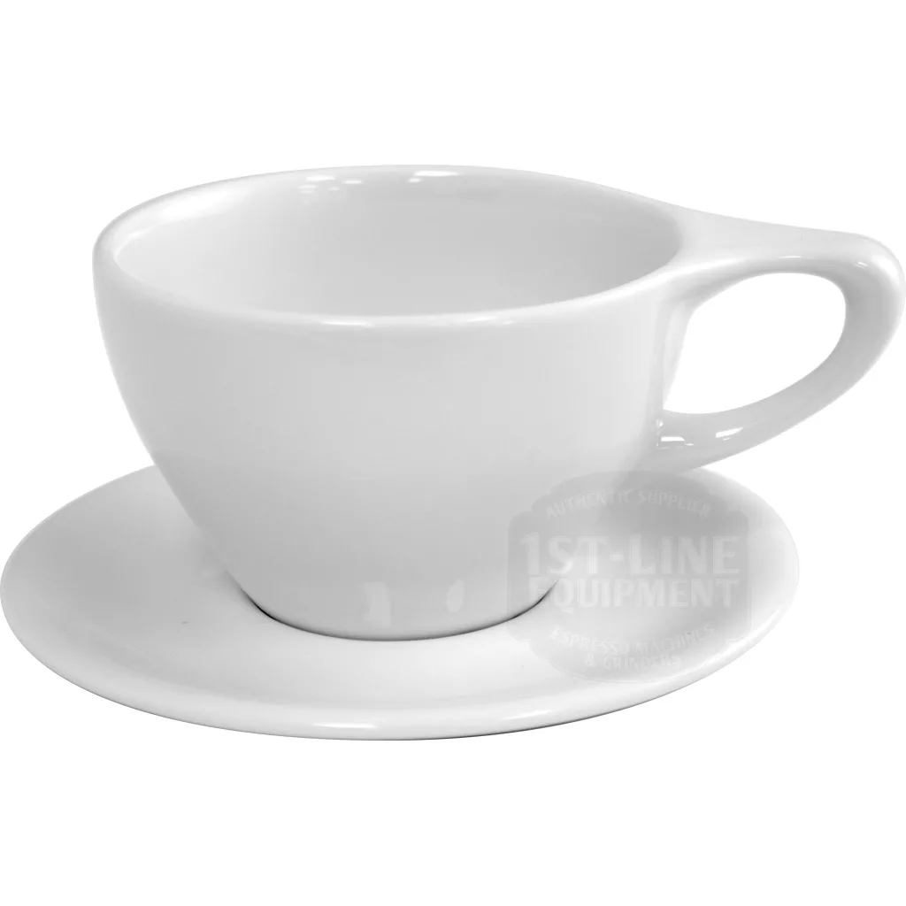 A DISCONTINUED notNeutral LINO Latte Cup & Saucer, large 12 fl oz, in plain white is placed on a matching saucer against a white background. © 2025 1st-line.com