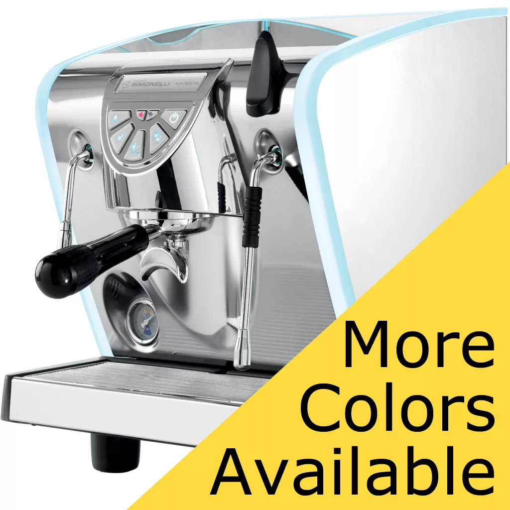 A DISCONTINUED Nuova Simonelli Musica Direct Connect HX Espresso Machine with blue accents is displayed on a white backdrop, partially covered by a yellow More Colors Available banner in bold black text. © 2025 1st-line.com