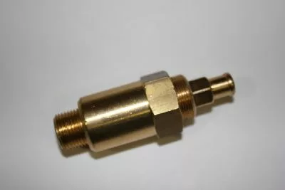 A Faema 3/8 M Expansion valve featuring a brass pneumatic or hydraulic fitting with threaded ends, hexagonal section for tightening, and nozzle tip is shown on a plain white background. © 2025 1st-line.com