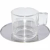 A Frabosk 911214 Glass Espresso Cup with a flat handle sits on its reflective stainless saucer, highlighting the 3 fl oz set of 2’s elegant design and mirroring its surroundings. © 2025 1st-line.com