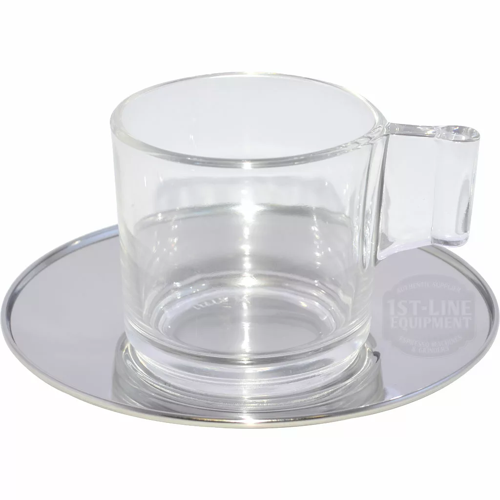 A Frabosk 911214 Glass Espresso Cup with a flat handle sits on its reflective stainless saucer, highlighting the 3 fl oz set of 2’s elegant design and mirroring its surroundings. © 2025 1st-line.com