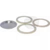 A Frabosk 997.73 - 3 Gaskets + 1 Filter Set for 9 Cups Espresso Coffee Maker is shown on a white background, including a metal filter basket and three circular rubber gaskets. © 2025 1st-line.com