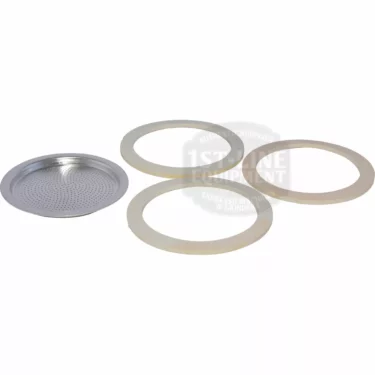A Frabosk 997.73 - 3 Gaskets + 1 Filter Set for 9 Cups Espresso Coffee Maker is shown on a white background, including a metal filter basket and three circular rubber gaskets. © 2025 1st-line.com