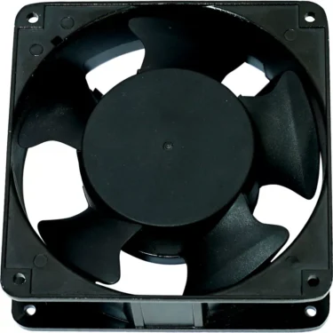 A front close-up of the SPM 04.NI0032/100 Fan Motor for Nina (110V) in black, featuring five blades within a square plastic frame. © 2025 1st-line.com