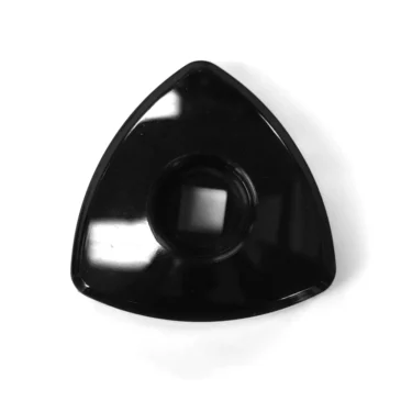 A glossy, black, triangular VBM MANPRUSC Steam/Water Rotary Knob with rounded corners and a central square hole is photographed against a white background. © 2025 1st-line.com