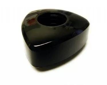 A glossy black VBM MANPRUSCDOMSA Steam / Hot Water Knob, triangular with rounded edges and a central hole, resembling a rotary engine rotor, is displayed on a white background. © 2025 1st-line.com