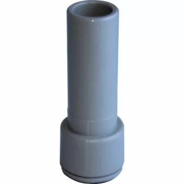 A gray plastic JG Stem Adapter 15mm Stem OD x 3/8 Tube OD with a wider base and narrower top stands upright on a white background. © 2025 1st-line.com