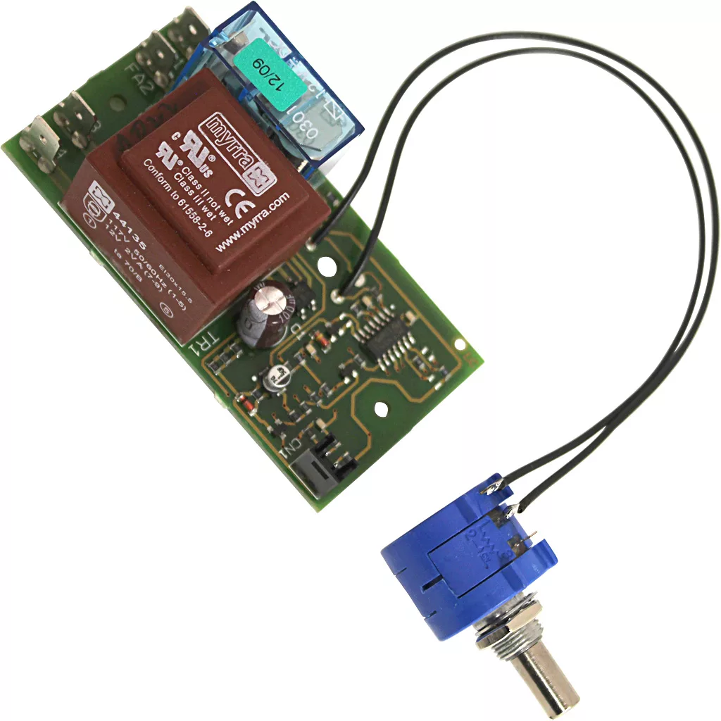 A green circuit board with a red relay, blue components, and black wires connects to an E6P blue potentiometer with a metal shaft, similar to elements on the Ceado Touchpad for E6P. © 2025 1st-line.com