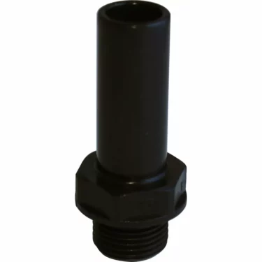 A JG Stem Adapter 15mm Stem x 3/8 BSPP Male thread Black Acetal pipe fitting with a threaded end and hexagonal nut stands upright against a white background. © 2025 1st-line.com