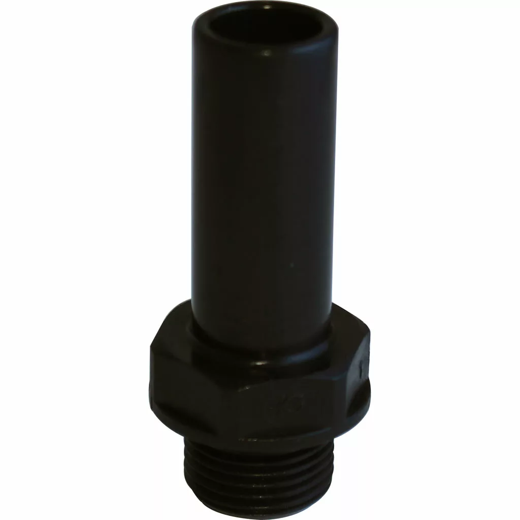 A JG Stem Adapter 15mm Stem x 3/8 BSPP Male thread Black Acetal pipe fitting with a threaded end and hexagonal nut stands upright against a white background. © 2025 1st-line.com