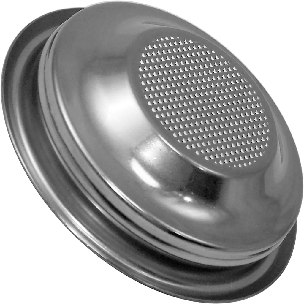 A La Nuova Era NE485 58mm 1-Cup Filter Basket, featuring a metal body with a perforated flat bottom, is shown at an angle against a white background. © 2025 1st-line.com