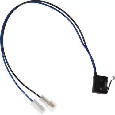 A Macap M2 Microswitch, featuring an attached metal lever, is wired with long blue and black cables that end in white plastic connectors, displayed against a white background. © 2025 1st-line.com