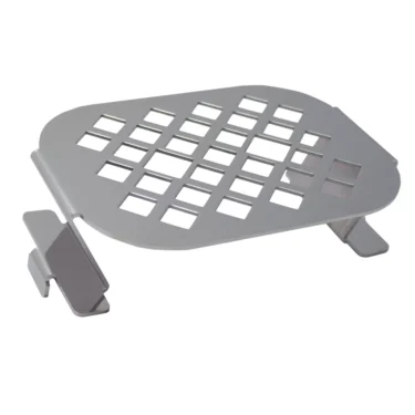 A metal laptop stand with a grid of square cutouts, angled legs, and an elevated design for airflow—just like the raised drip tray in the Lelit MC519Q Raised Drip Tray—for enhanced ergonomics. © 2025 1st-line.com