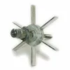 A metal tool with a central cylindrical shaft and six flat blades radiating out like a star, closely resembling the Macap C0002M1242 M4/M5 Lower Sweeping Vane when seen from the front. © 2025 1st-line.com
