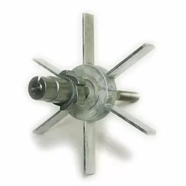 A metal tool with a central cylindrical shaft and six flat blades radiating out like a star, closely resembling the Macap C0002M1242 M4/M5 Lower Sweeping Vane when seen from the front. © 2025 1st-line.com