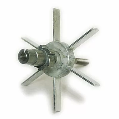 A metal tool with a central cylindrical shaft and six flat blades radiating out like a star, closely resembling the Macap C0002M1242 M4/M5 Lower Sweeping Vane when seen from the front. © 2025 1st-line.com
