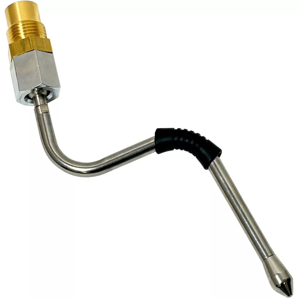 A metal valve stem extension with a brass connector, curved stainless steel tube, and black rubber grip—like the DISCONTINUED Lelit MC742 Multi-Directional Steam Wand—for easier access to tire valves. © 2025 1st-line.com