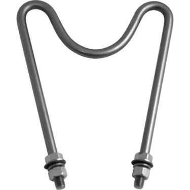 A metallic, U-shaped heating element with two threaded ends—each with washers and nuts—is designed for electrical installation in appliances, offering precision similar to the Macap C0004M109 M4/M5 Filter Holder Fork. © 2025 1st-line.com