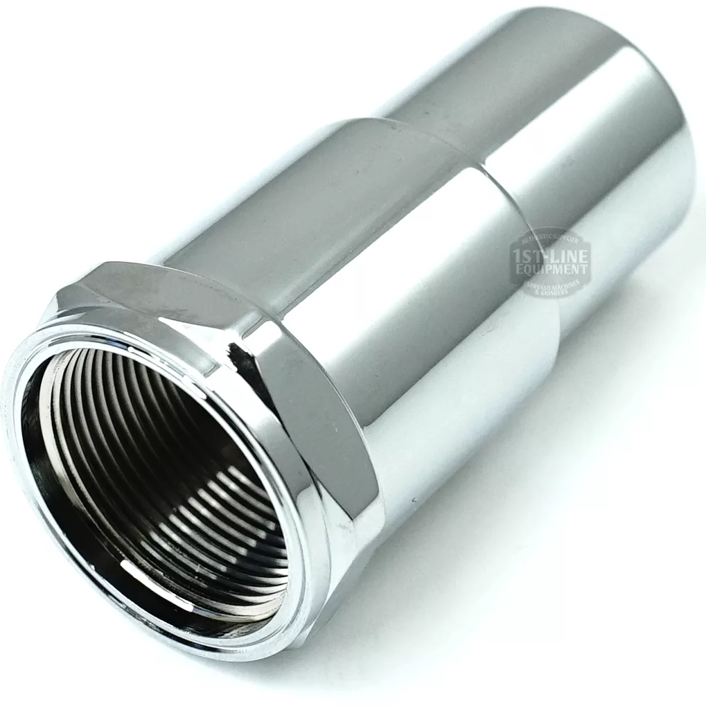 A polished, internally threaded metal ECM C229901165 E61 Lower Sleeve (DISCONTINUED) is shown at an angle on a white background. © 2025 1st-line.com