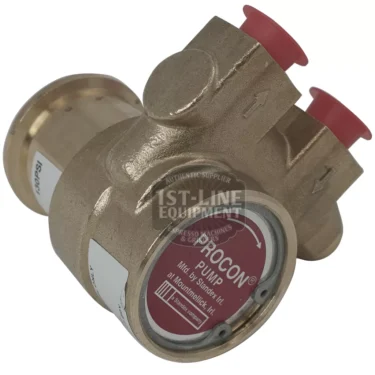 A Procon Rotary Vane Pump and Bracket with a brass body, red-capped top nozzles, cylindrical parts, and a red front label stating its made by Stilknox at Mountwellesley International. © 2025 1st-line.com